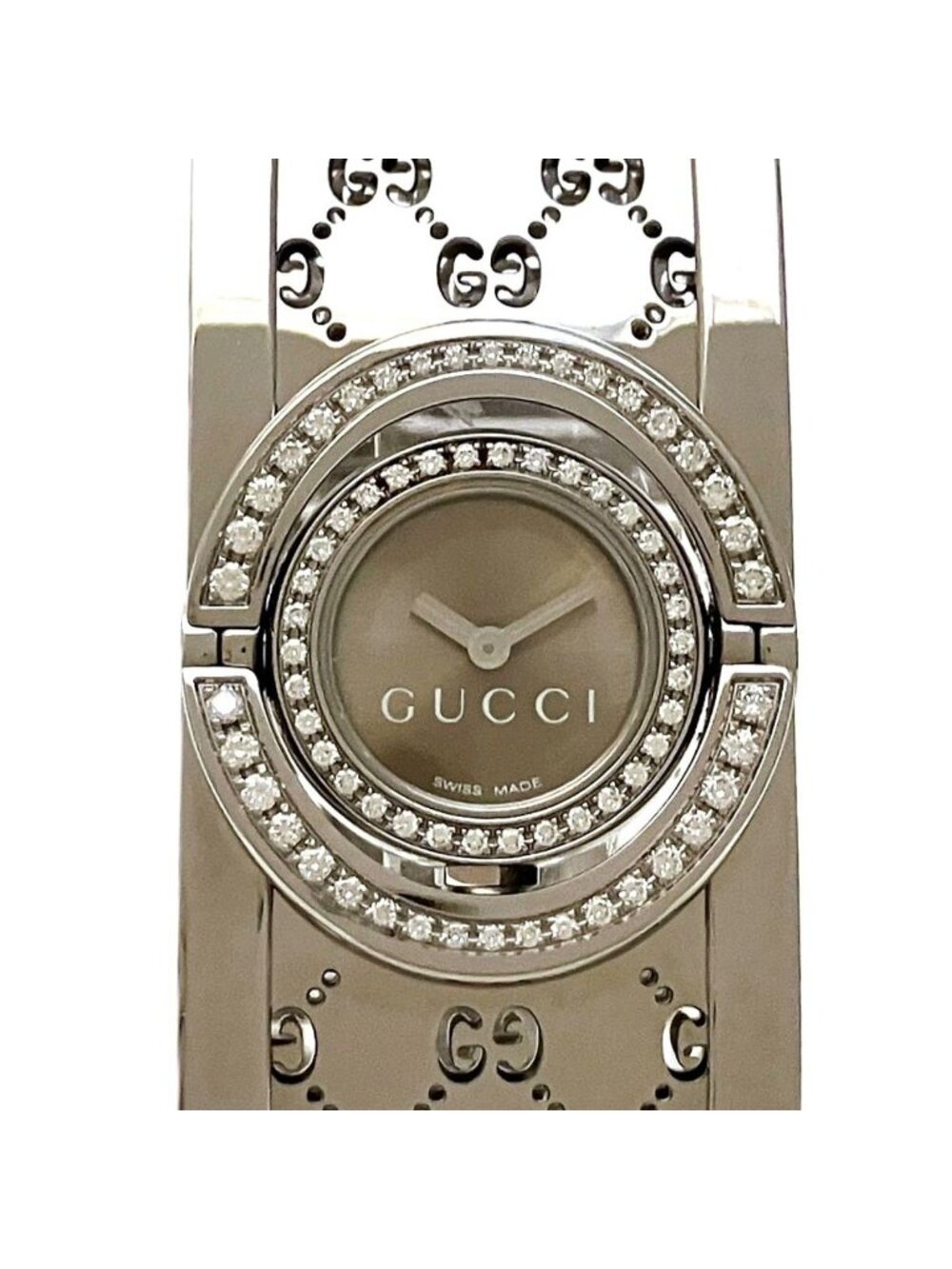 Gucci Toile GG Diamond Bezel Watch SS Quartz Brown Dial